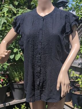 Black Polka Dot Flutter Sleeve Button-Front Top